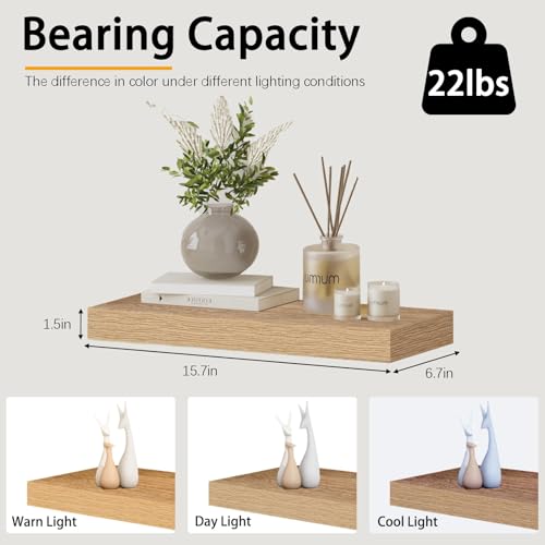 INHABIT UNION Oak Floating Shelves Wood for Wall 15.7in Wall Mounted Display Ledge Shelves Perfect for Bedroom, Bathroom, Living Room and Kitchen Decoration Storage (Set of 2) - color: Oak, size: 15.7 Inch