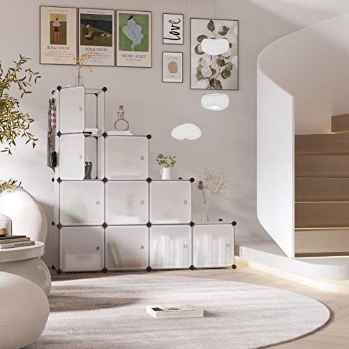 C&AHOME Cube Storage Organizer with Doors, 12-Cube Shelves, Closet Cabinet, DIY Plastic Modular Bookshelf Ideal for Bedroom, Living Room, 36.6”L x 12.4”W x 48.4”H Transparent White USHS3012W-DOOR - color: Transparent White