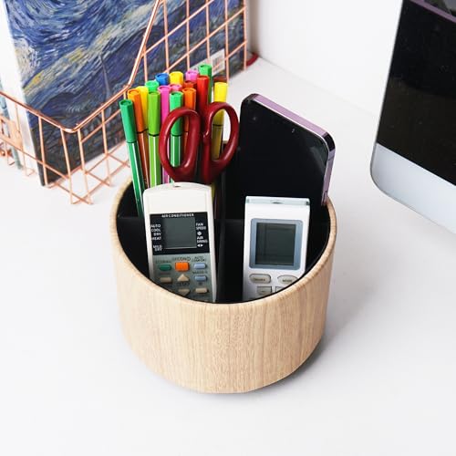 Round Leather Art Supply Organizer,Remote Control Holder,360 Degree Spinning,Multi-Functional Pencil Holder,4 Compartments Desktop Stationary Organizer(1-Thin Wood Yellow) - color: 1-Thin Wood Yellow