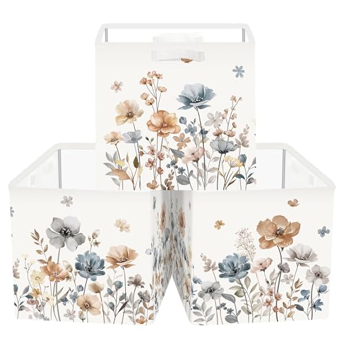 Clastyle Flowers Storage Cube Organizer Set Handle Closet Clothes Cube with Metal Frame Foldable Parents Organizer Storage Basket for Book Toy,Boho Brown,11.8x11.8x11.8 in - color: Brown
