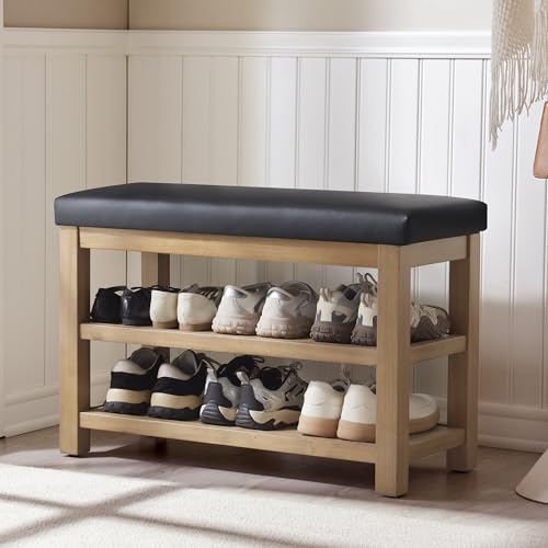 Zihanhome Shoe Rack Bench with Leather Cushion, 2 Tier Solid Wood Storage Bench, Mid-Century Modern Shoe Bench for Entryway, Hallway, Closet, Front Door Entrance, Foyer (Black, 31.5) - color: Black, size: 31.5"