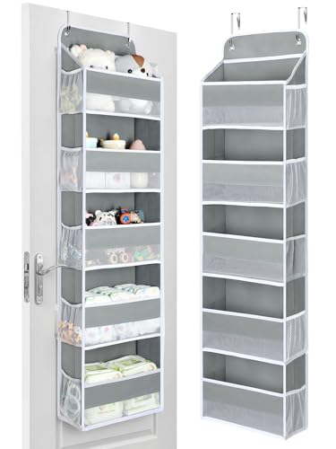 Yecaye 1 Pc Over the Door Organizer with 5 Bins 10 Side Pockets, 44lbs Load Hanging Bathroom and Bedroom Organizer, behind the Door Hanging Organizers for Nursery Newborn Baby Essential Stuff Grey - color: Grey, size: 5 Tier