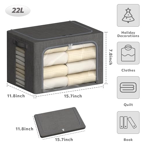 4 Pack Clothes Storage Bins with Metal Frame - 22L Stackable Storage Box with Lid，Foldable Storage Container Organizer for Clothes，Linen Fabric Storage Box with Clear Window＆Zippers＆Handles - color: Grey, size: 22L