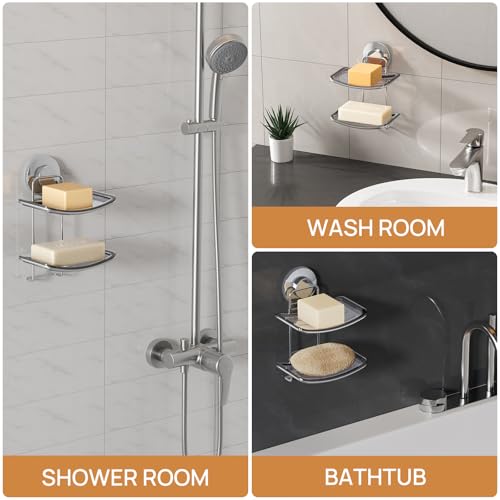 LEVERLOC Soap Dish Holder Suction Cup for Shower Wall Double Layer Drill-Free Waterproof Wall Mount Strong Suction Removable Bar Soap Sponge Holder for Bathroom Bathtub Kitchen, Chromed - style: 2 tiers Chrome