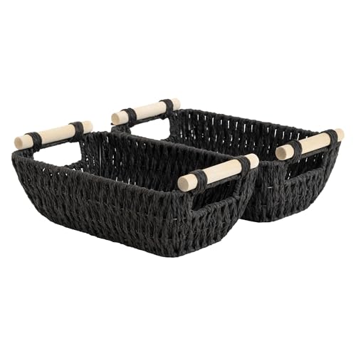 StorageWorks Black Wicker Storage Basket for Organizing with Wooden Handles, Small Woven Basket for Shelf, Toilet Paper, 2-Pack - color: Black, size: Small