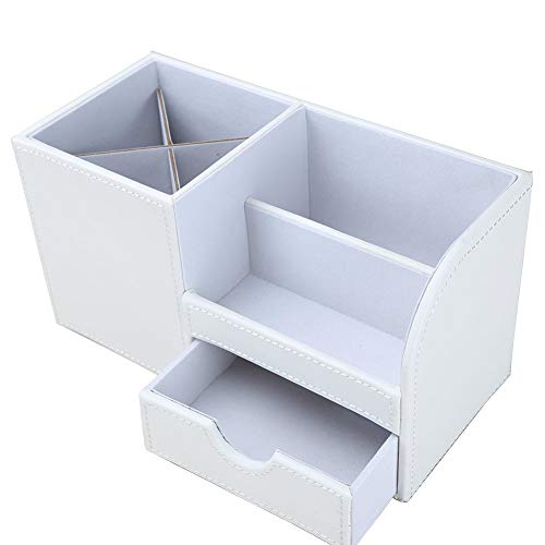 KINGFOM Desk Organizer Office Supplies Caddy Pu Leather Multi-function Storage Box Pen/Pencil,Cell phone, Business Name Cards Remote Control Holder with Small Drawer White - color: White