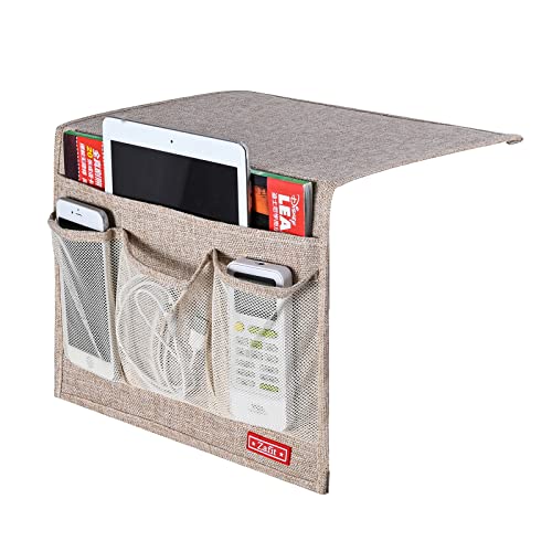 Zafit Linen 4 Pockets Bedside Caddy, Bedside Storage Organizer for Magazine, Remotes, Phone (Beige, Classic 4 Pockets) - color: Beige, size: Classic 4 Pockets