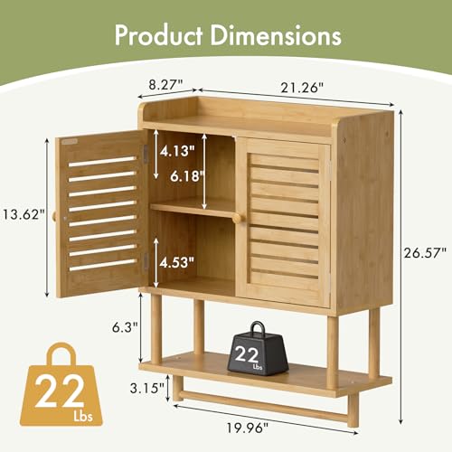 AmazerBath Bathroom Wall Cabinets, Large Bamboo Medicine Cabinets with Towel Bar, Hanging Over Toilet Storage Organizer Cabinet with Adjustable Shelves for Small Spaces, 8.3x21.3x26.6 Inches - color: Natural With Striped Door, size: 21.3" W x 26.6" H