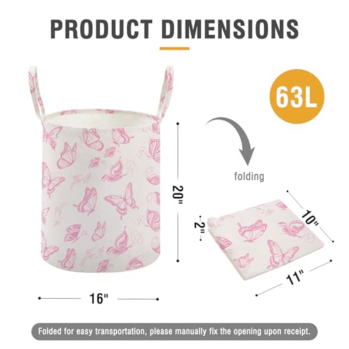 TECHMILLY Large Storage Basket for Girls and Boys, Collapsible Laundry Hamper with Long Handles, Toy Bins for Nursery, Kids Room Décor (Pink Butterfly) - color: Pink Butterfly, size: 1 Pack
