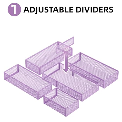 Marbrasse 5 Pack Desk Drawer Organizer Set, Mesh Drawer Storage Trays with 1 Adjustable Divider, Desk Organizers and Accessories, 5 PCS Drawer for Office Supplies, Makeup & Vanity (Purple) - color: Purple