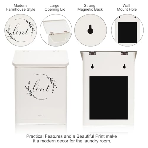 Magnetic Lint Bin for Laundry Room, Metal Lint Trash Can with Lid for Dryer, Wall Mounted Lint Holder Box with Lint Brush, Modern Farmhouse Laundry Room Decor, Cream - color: Cream