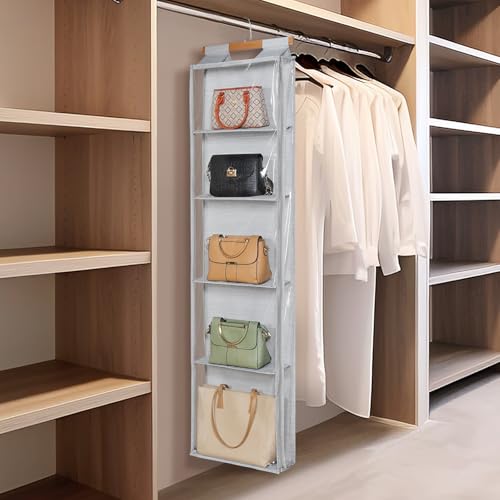 Syeeiex Hanging Handbag Purse Organizer with Zippers, 5 Mesh Shelves,Clear Slubbed Fabric+PVC Hanging Closet Bag Organizer, Dustproof Handbag Closet Tote Storage Bag for Door, Wardrobe, Shelf Rack - color: Grey-5 Shelves