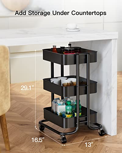 Pipishell 3 Tier Metal Rolling Utility Cart, Heavy-Duty Storage Rolling Cart with 2 Lockable Wheels, Multifunctional Mesh Organization Utility Cart for Kitchen Dining Room Living Room (Black) - color: Black, size: 3 Tier