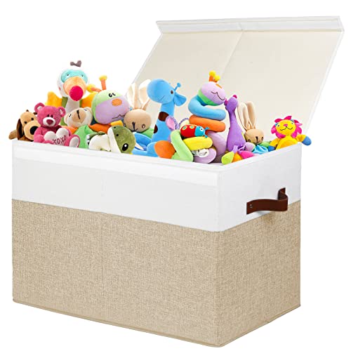 Gowee Large Toy Storage Box with Lid, Sturdy Toys Storage Chest Bin Organizer Basket with Dividers for Kids, Boys, Girls, Nursery, Closet, Bedroom, Playroom 25"x13" x16" (Beige and White) - color: Beige and White, size: 25"x13" x16"