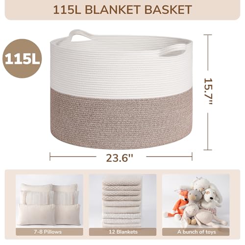 INDRESSME 115L Extra Large Blanket Basket, Soft Cotton Rope Storage Basket for Organizing, Home Decor, Toys, Laundry & Towels, Toy Storage Organizer for Living Room & Nursery, White & Brown - color: White & Brown, size: 23.6"D x 15.7"H
