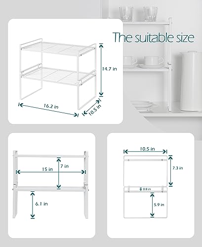 Shantton 2Pack Kitchen Cabinet Shelf Counter Organizer Rack Pantry Storage Bathroom Bedroom Office Table Desk Space Saving Stackable Rust Resistant Non Slip White Wide L16.1in W10.6in H7.3in - color: White, size: L16.1'' W10.6'' H7.3''