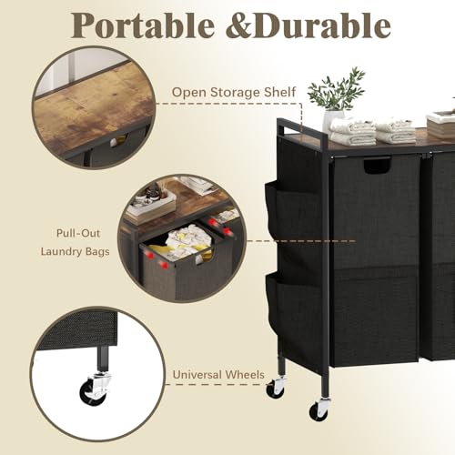 Huhote Laundry Hamper, Laundry Basket, Laundry Sorter with Top Shelf & 3 Removable Washable Bags & Side Pockets for Laundry Room organization, Bathroom and Dorm, Rustic Brown and Black - color: 3 bags-Black