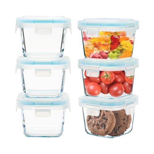 Small Glass Containers 6 Pack, 6 oz Reusable, Airtight, Leakproof Mini Food Storage Containers with Lids