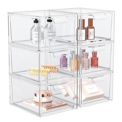 SpaceHacks 6 Pack Stackable Makeup Organizer and Storage, Acrylic Organizers，Clear Plastic Storage Drawer with Pull-Out Handles for Vanity, Undersink, Kitchen Cabinets, Pantry - color: Clear, size: 6 Pack