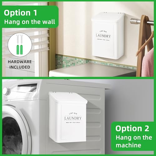 Magnetic Lint Bin for Laundry Room, Metal Lint Container with Lid and Brush, Wall Mounted Lint Box for Dryer, Farmhouse Laundry Room Decor, White - color: White, size: Pattern 2