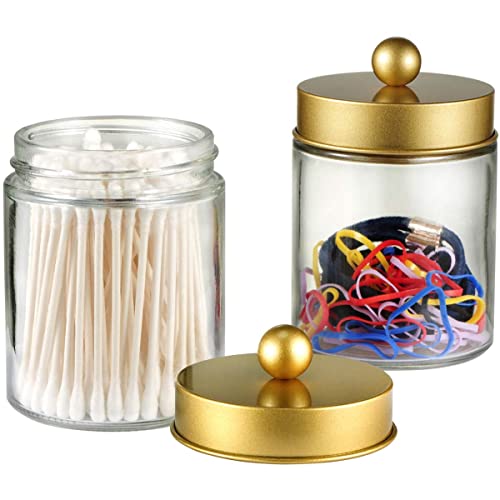 Amolliar 4 Pack Apothecary Jars Bathroom Vanity Storage Organizer Set -Countertop Canister with Stainless Steel Lids &Cute Stickers - Qtip Dispenser Holder for Qtips,Cotton Swabs,Makeup Sponges(Gold) - color: Gold
