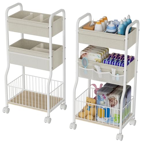 3-tier Baby Diaper Caddy Organizer and Storage Cart with 4+3 Dividers, Metal Utility Cart with Lockable Wheels for Nursery, Bedroom, Bathroom, White - color: White