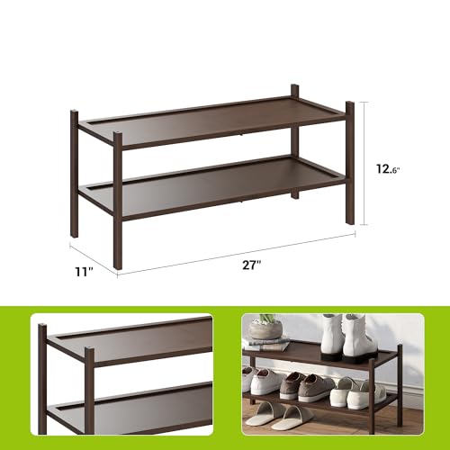 BMOSU 2-Tier Bamboo Shoe Rack Premium Stackable Shoe Shelf Storage Organizer for Hallway Closet Living Room Entryway Organizer(Brown) - color: Brown, size: 2-Tier（27*11*12.6inches）