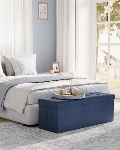 SONGMICS MAZIE Collection - 43 Inches Folding Storage Ottoman Bench, Ottoman Foot Rest, End of Bed Bench, Storage Chest, Load 660 lb, for Living Room, Bedroom, Entryway, Midnight Blue ULSF77IN - color: Midnight Blue, size: 15"D x 43"W x 15"H