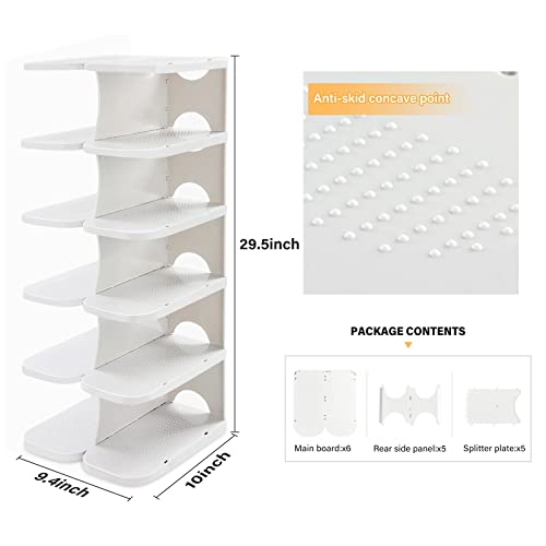 6-Tier Narrow Shoe Organizer, Adjustable Cubby Shoe Rack for Closet, Free Standing Shoe Slot Tower for Entrance, Stackable Space-Saving Shoe Storage Shelf for Entryway, White - color: White