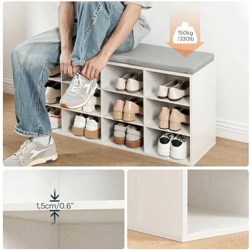 HOOBRO Shoe Storage Bench with Cushion, 39.4" L Entryway Bench with 12 Cubbies, Entryway Hall Tree with Storage, Cubby Shoe Rack Bench with Coat Rack for Hallway, Holds up to 330 lb, White WT112HX01 - color: White + Gray
