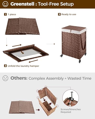 Greenstell Laundry Hamper with Wheels, No Install Needed, 90L Divided Handwoven Hampers & 2 Removable Liner Bags, Synthetic Rattan Clothes Laundry Basket with Lid & Handles, Foldable Hampers Brown - color: Brown, size: 90L: 18.3x13.5x26.4 Inches