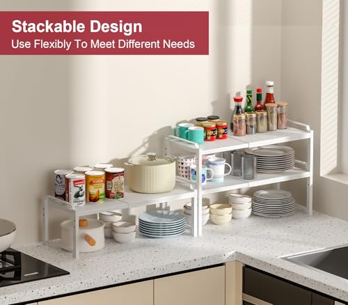 X-cosrack 12" Wide 100LBS Loading-Bearing Heavy Duty Kitchen Storage Shelf, Expandable Cabinet Shelf Organizer, Stackable Adjustable Storage Shelves for Kitchen Cabinet Cupboard Pantry Counter - color: White, size: 2 Pack: 25.5"L (12" Wider +100LBS Load-b