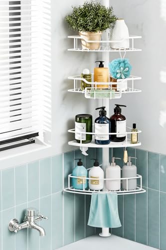 Corner Shower Caddy Tension Pole, 4 Tier Rustproof Shower Tension Rod Organizer, Adjustable 25-125 Inch Bathroom Shower Organizer Shelves for Bathtub Shampoo Storage, White - color: White