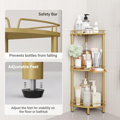 ELYKEN Corner Shower Caddy Standing, 3 Tier Rustproof Metal Shower Organizer with Soap Holder, Floor Shower Corner Shelf Rack Storage Stands with Adjustable Feet & 2 Hooks for Bathroom, Gold - color: Gold, size: 3 Tier