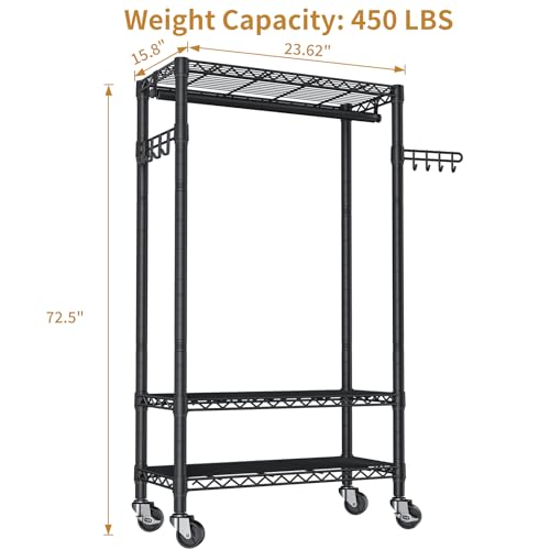 Heavy Duty Clothes Rack Rolling Garment Rack,3 Tier Adjustable Wire Shelving Clothing Racks for Hanging Clothes with Hanger Rod&Side Hooks,Freestanding Wardrobe Storage Rack Metal Portable Closet - color: Black3, size: 15.75"D x 23.5"W x 72.45"H