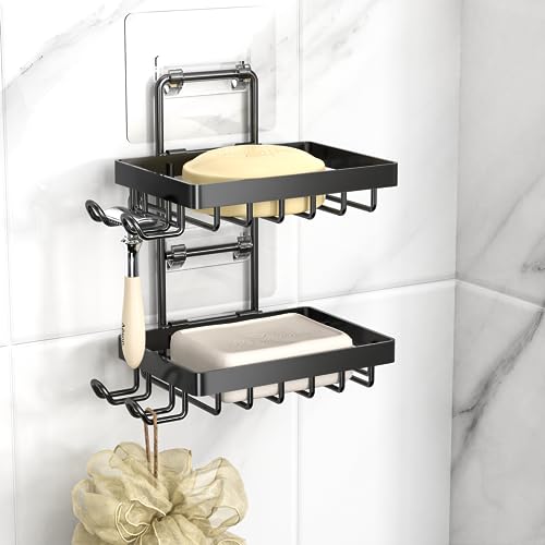 Moforoco Double Soap Bar Holder for Shower, No Drilling, 304 Stainless Steel, Wall Mounted Soap Holder with 4 Hooks and Razor Holder, Shower Rack Soap Tray Bar Soap for Bathroom Accessories Organizer - color: Black, size: 2-T