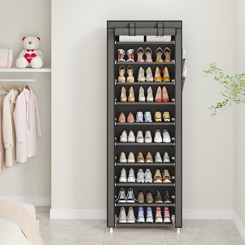 UDEAR 10-Tier Free Standing Shoe Rack Sturdy Shoe Rack Organizer for Closet Entryway Stackable Shoe Shelf with Dustproof Cover,Grey - color: Grey