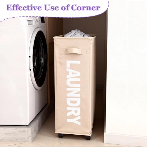 Slim Rolling Laundry Hamper with Wheels, 42L Collapsible Narrow Laundry Basket with Drawstring Mesh Cover, Foldable Dirty Clothes Organizer for Bathroom, Dorm, Small Spaces, Khaki - color: Khaki, size: 1PC 42L