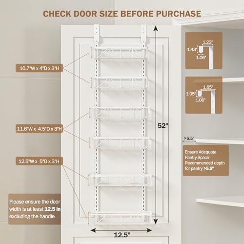 Delamu White Narrow 6-Tier Over the Door Pantry Organizer, Adjustable Metal Hanging Spice Rack, Cabinet Door Organizer for Kitchen, Bathroom, Laundry Room, 12.5 - color: White, size: 12.5"W 6-Tier