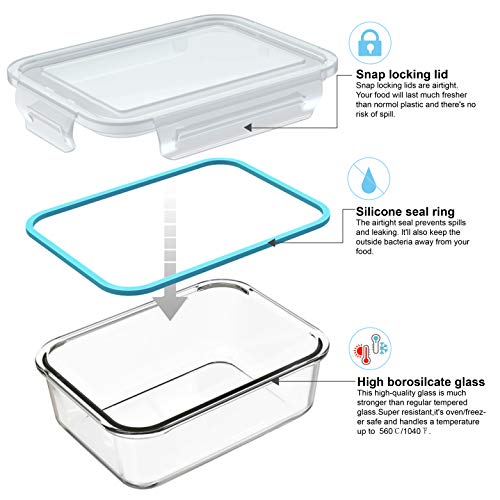 AILTEC Glass Food Storage Containers with Lids, [18 Piece] Glass Meal Prep Containers, Containers for Food Storage with Lids, BPA Free & Leak Proof (9 Lid & 9 Container) - color: clear