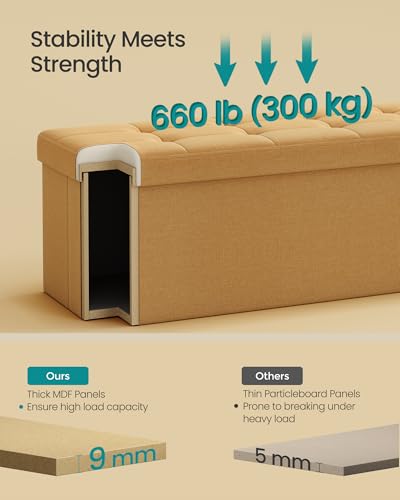 SONGMICS Mazie Collection - Storage Ottoman Bench, 43 Inches Folding Foot Rest Stool, End of Bed Bench, Easy Assembly, for Living Room, Bedroom, Entryway, Ginger ULSF077K04 - color: Ginger, size: 15"D x 43"W x 15"H