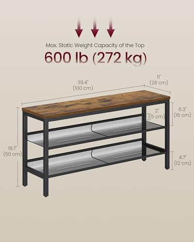 VASAGLE 3 Tier Shoe Rack Bench, One Piece Shelves, Shoe Storage Organizer with Raised Edges, Industrial Style, Easy Assembly, 11 x 39.4 x 19.7 Inches, Rustic Brown and Matte Black ULSB075KD01S - color: Rustic Brown + Matte Black, size: 39.4"W