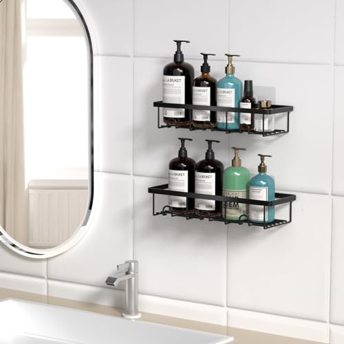 Shower Shelves for Inside Shower, 2 Pack Adhesive Bathroom Caddy Organizer Basket Rack for Storage and Organization, Wall Suction Bath Bathtub Shampoo Holder Set for RV Camper, Black - color: Black, size: Small 2 Pack