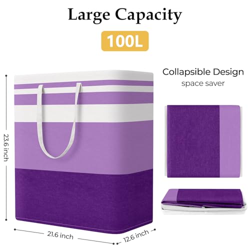 StorageRight Large Collapsible Laundry Basket Hamper with Easy Carry Handles，Freestanding Clothes Hampers for Laundry, Bedroom, Dorm, Towels, Toys, 100L, Purple - color: Purple, size: 100L