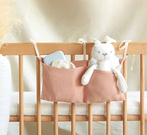 Cotton Baby Bedside Hanging Storage Bag,2 Pockets Organizer for Baby Cribs and Toys (Pink) - color: Pink