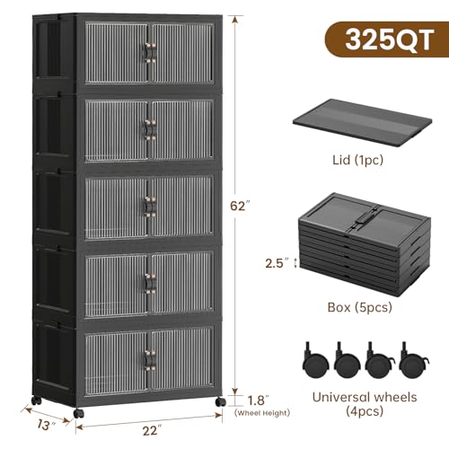 SAILUN 81Gal/325Qt Stackable Storage Bins Folding Collapsible Storage Bins with Lid, Closet Organizers and Storage Box with Door Black 22" W x 13" D x 62" H - color: Black, size: 1 Lid 5 Pack-22" W x 13" D x 62" H
