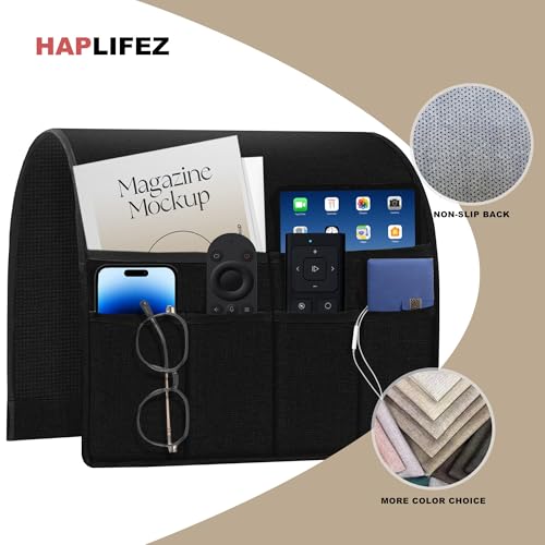 Remote Holder for Recliner Armchair & Couch, Non Slip Sofa Armrest Organizer Caddy with 6 Pockets Thick Linen Fabric Storage for Tablet, Phone, 19x35 Inches, Black - color: Black