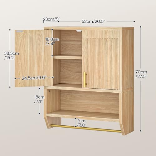 HOOBRO Fluted Medicine Cabinet, Farmhouse Bathroom Wall Cabinet with Towel Rack and Adjustable Shelf, Fluted Wall-Mounted Storage Organizer, for Bathroom, Kitchen, Natural - color: Natural, size: 20.5"L x 9"W x 27.5"H