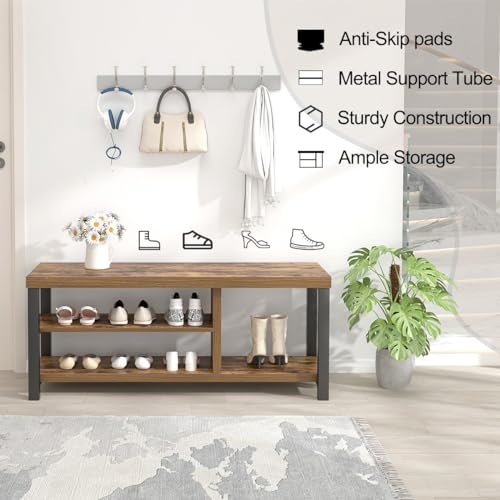 EXCEFUR Shoe Bench, Modern Wood Storage Bench for Entryway Hallway, Industrial Indoor Shoe Rack Bench Seat for Living Room Bedroom, 43.3 Inch Rustic Brown - color: Rustic Brown, size: 3-Tier