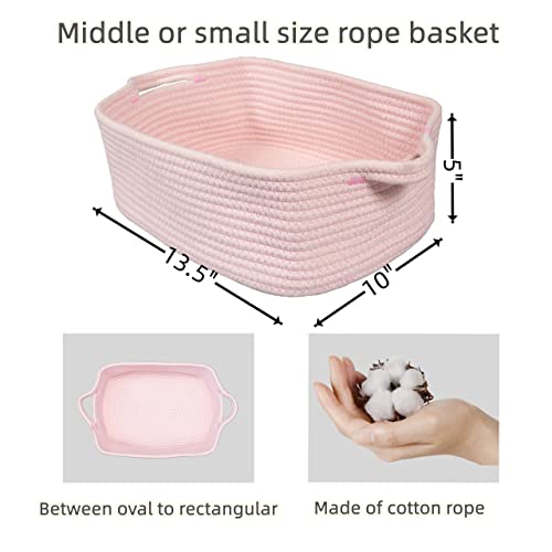 Woven Cotton Rope Storage Basket with Handles for Organizing Shelves Closet Small Cat Dog Pet Toy Baskets Box Bin Decorative Rectangle Baby Nursery basket Gift Basket Empty Light pink - color: Light pink